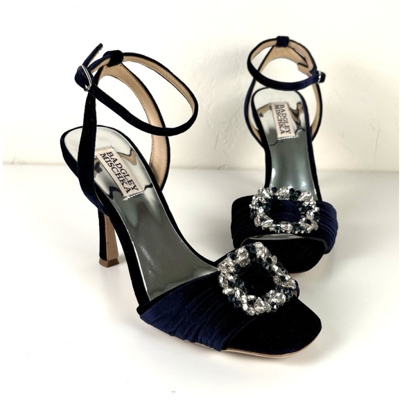 BADGLEY‎ MISCHKA Embellished Blue Velvet High Heel Size 7 1/2 Dark Blue Shoe - Picture 1 of 14